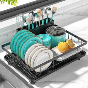 MERRYBOX Dish Drying Rack Space-Saving Dish Racks for Kitchen Counter, Rustproof Drying Rack Kitchen with Large Utensil Holder and Increased Feet, 16.5" D x 11.4" W x 5.65" H, Black