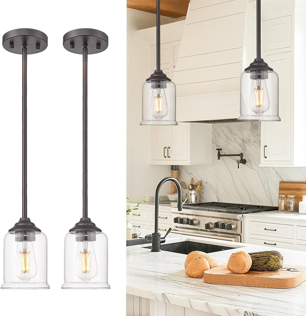 zeyu Farmhouse Hanging Pendant Lights 2 Pack, Modern Pendant Lights Kitchen Island with Clear Glass Shade, Oil Rubbed Bronze Finish, ZSL104MIL-2 ORB