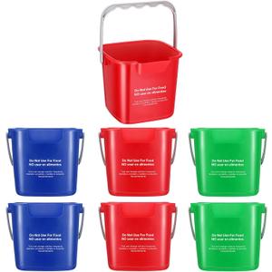 Roshtia 6 Pcs 3 Quart Cleaning Bucket Small Sanitizing Square Bucket Detergent Pail for Home Commercial Restaurant Kitchen Office School(Red, Blue, Green)