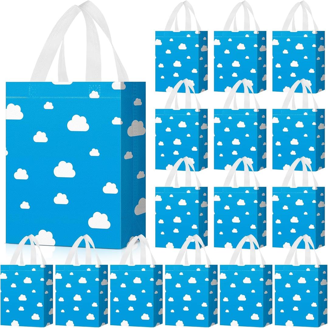 Locmeo 24 Pcs 8 x 4 x 10 Inch Toy Party Blue Sky White Clouds Gift Bags with Handles Reusable Non Woven Blue and White Cartoon Themed Candy Bags for Girl Boy Birthday Baby Shower Party