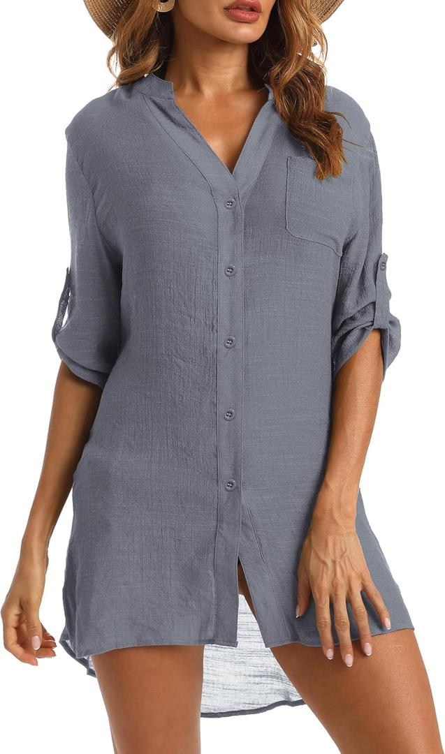 Swimsuit Coverup for Women 2024, V-Neck Beach Button Down Bikini Cover Ups Knee-Above Shirt Tops (X-Large, Grey)