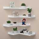 4-Tier Corner Floating Shelves, Rustic Pine L-Shaped Shelves for Creative Wall Storage in Bedroom, Bathroom & Any Room - White