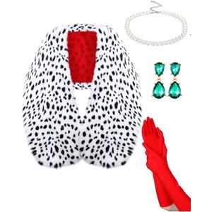 Shinymoon 6 Pieces Halloween Dalmatian Shawl Set Women Faux Stole Accessories Black and White Scarf Dalmatian 1920s Red Gloves Necklace Earring Plastic Holder for Costume Cosplay Party