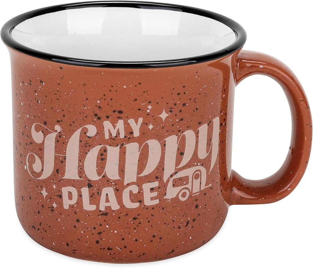 Camco Life is Better at The Campsite Ceramic Coffee Mug - Microwave and Dishwasher Safe - Features Red Background with Retro RV My Happy Place Design - Coffee Cup Holds 14oz. (53472)