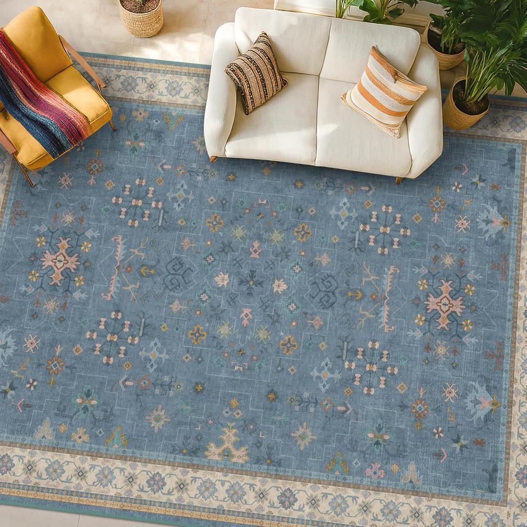 Hazo Haus Boho 7x10 Accent Area Rugs for Living Room - Dusky Blue Rug for Bedroom Under Bed, Dining Room Under Kitchen Table, Washable Soft Non Slip Unique Colorful Indoor Dcor