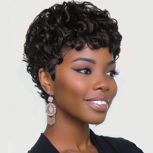 DOcute 150% Density Dark Brown Short Pixie Cut Wig 15A Brazilian Virgin Hair Wig with Bangs Short Wigs Salt And Pepper Glueless Curly Wig Human Hair Pre Plucked Pre Cut No Knots And No Hair Loss (#6)