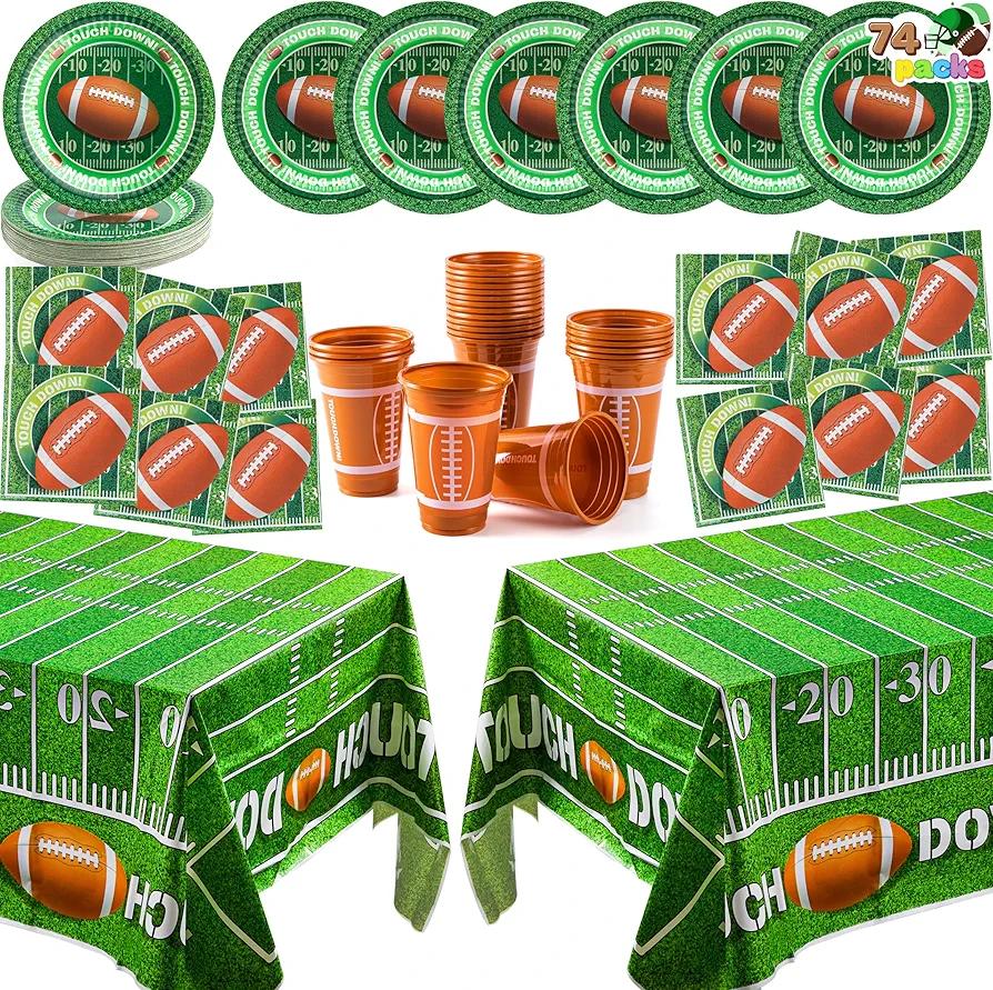 JOYIN Football Game Day Party Supplies Pack-18 Football Themed Cups, 18 Plates (9 inches), 36 Napkins and 2 Tablecloths Football Party Decorations