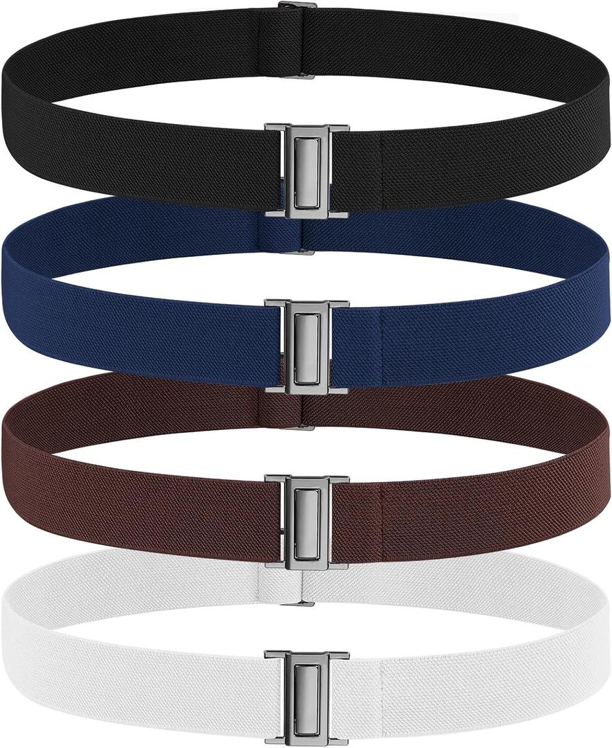 No Show Elastic Belts for Women with Invisible Flat Buckle Stretch Web Strap Belt for Jeans Pants Dresses (Suit for US Size 0-16, 4pcs/Black+blue+coffee+white)