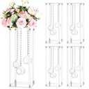 Yerliker 4 Sets 20'' Tall Acrylic Flower Vase Wedding Centerpieces Flowers Stand with Hanging Glass Tealight Globe Candle Holders, Crystal Garland Strands and Self Adhesive Hook (Cuboid)