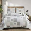 Ycosy Quilt Set King Size Floral Bedspread Coverlet Plaid Patchwork Quilt Bedding Morden Lightweight Bedspread Reversible Home Quilts Grey Floral Bed Cover Set White Beige Plaid Quilt (Grey White)