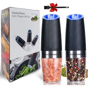 2 Pack Gravity Electric Salt and Pepper Grinder Set Automatic Battery Powered Salt Mill, Adjustable Coarseness, with Blue LED Light, One Hand Operated