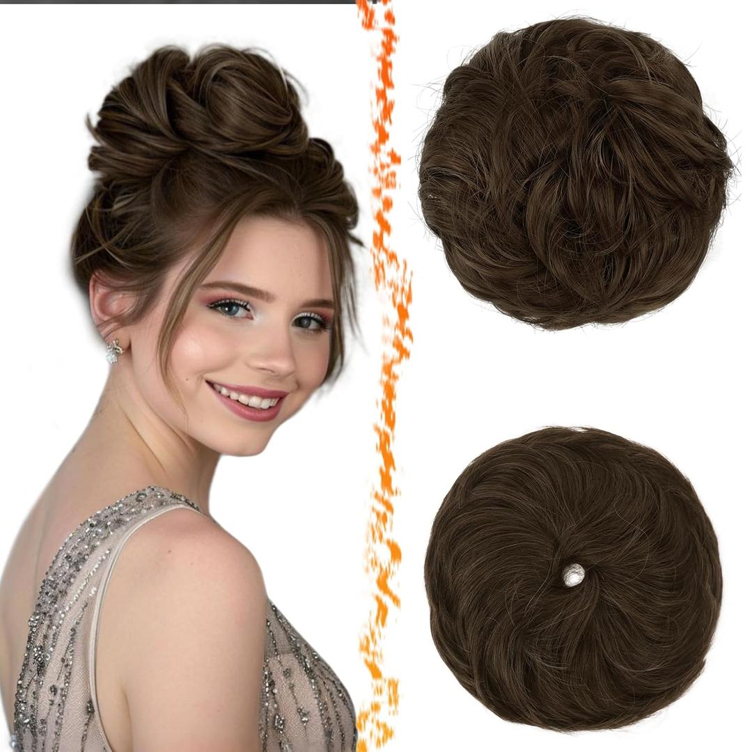 BARSDAR 2 PCS Brown Messy Bun Hair Pieces - Elastic Chocolate Brown Messy Bun Scrunchies for Women - Synthetic Thick Fluffy Donut Updo Brunette Chignons Hairpieces Hair Extensions Daily