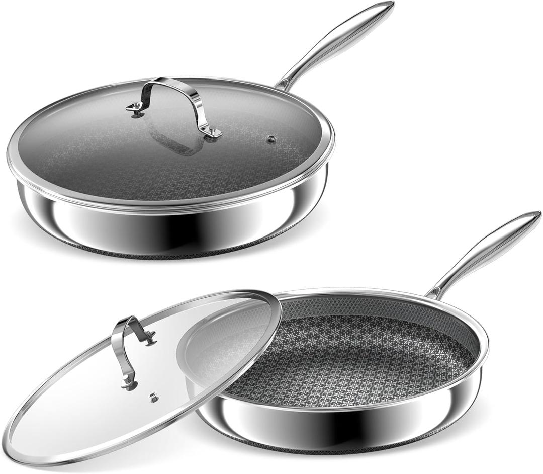 Hybrid Non Stick Frying Pans 2 Piece set, Stainless Steel Frying Pans with Tempered Glass Lid, 8" 10" 5 Ply Induction Cookware, Dishwasher-Friendly, Oven-Safe Up to 800F, Compatible with All Cooktops