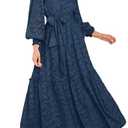 MITILLY Women's Fall Dresses Elegant Floral High Neck Long Sleeve Elastic Waist Formal Maxi Dress with Belt X-Large Dark Blue
