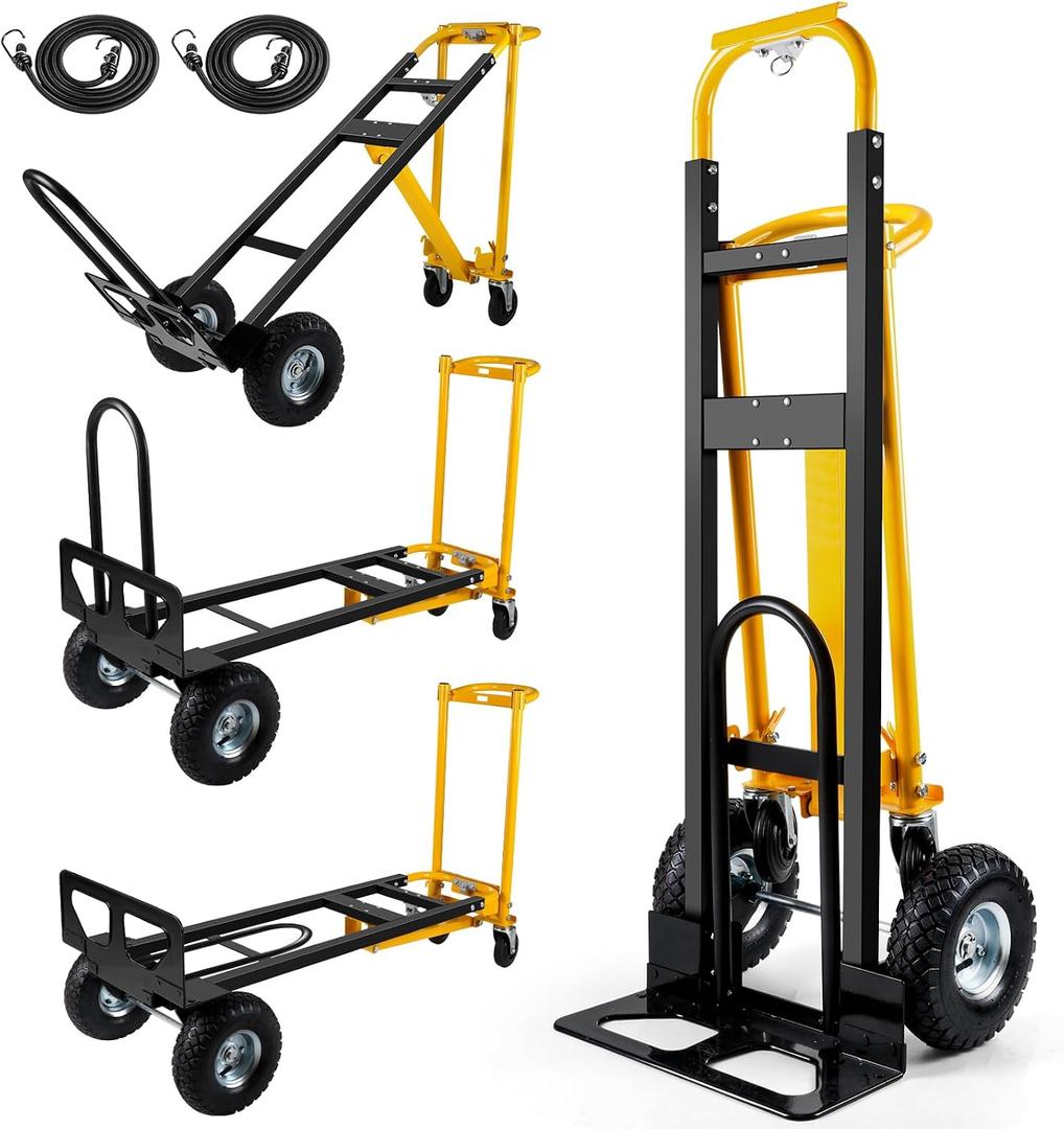3 in 1 Convertible Hand Truck Dolly Cart with 10" Pneumatic Wheels, 1000LBS Capacity Heavy Duty Dolly, Hand Cart with Bungee Cords for Logistics, Moving, Shopping, Home, Office (Black Yellow)