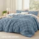Bedsure Mineral Blue Queen Size Comforter Set, Boho Tufted Bed Set, Checkered Farmhouse-Style Distressed Vintage Bedding, 3 Pieces, 1 Plaid Geometric Comforter and 2 Pillow Shams