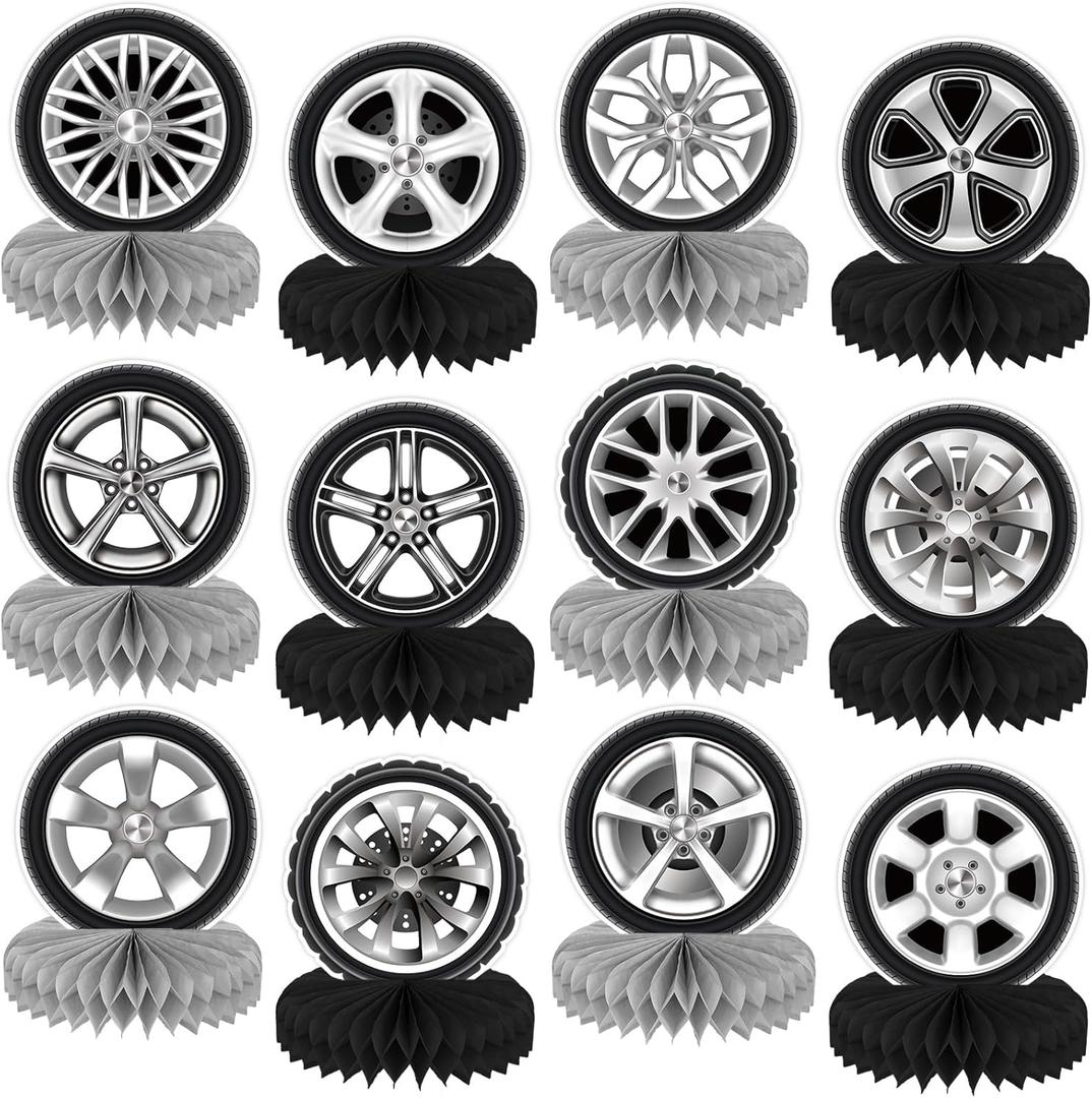 12Pcs Race Car Centerpieces for Tables, Racing Car Birthday Party Decorations Wheel Tire Centerpieces Decor, Double-Sided Tire Decorations for Car Themed Birthday Party Supplies