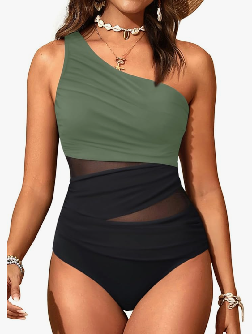 Aqua Eve Women Mesh One Piece Swimsuit - Tummy Control One Shoulder Bathing Suit Cut Out Swimwear 2025 Black, Medium