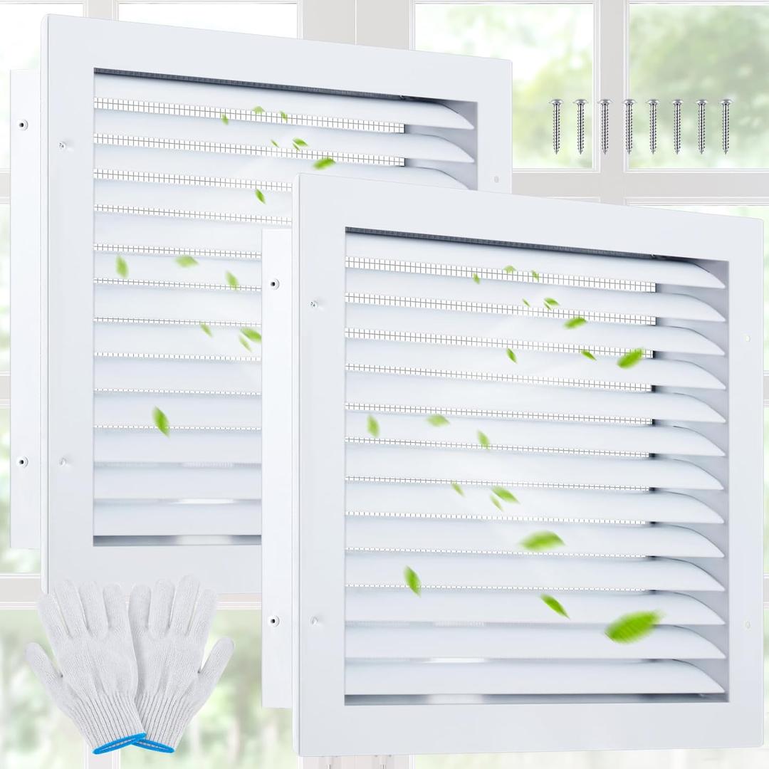Hicarer 2 Pcs 12" x 12" Aluminum Gable Vent, Attic Vent Paintable Shed Vents with Screen, Stylish Design Return Air Grill Ideal for House Attic and Exterior Wall, Inside Dimension 10" x 10" (White)
