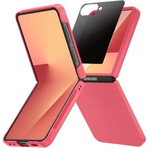 Ruky for Z Flip 7 Case with Privacy Screen Protector, Full Body Cover Anti-Scratches Shockproof Hard PC Ultra-Thin, Support Wireless Charging Protective Phone Cover for Samsung Z Flip 7, Coralred