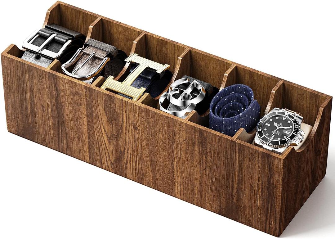 Belt Organizer for Closet, Belt Organizer for Drawer with 6 Compartments, Belt Storage Organizer for Men Women for Watches, Belt, Scarves, Bracelets, Jewelry, Tie Container Display Holder