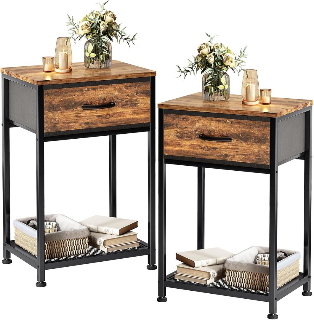 Kitstorack Night Stands Set of 2,End Tables with Drawer for Bedroom Bed Side Table for Home, Rustic Brown Wood Night Stand Bedroom Nightstands Bedside Table Set of 2