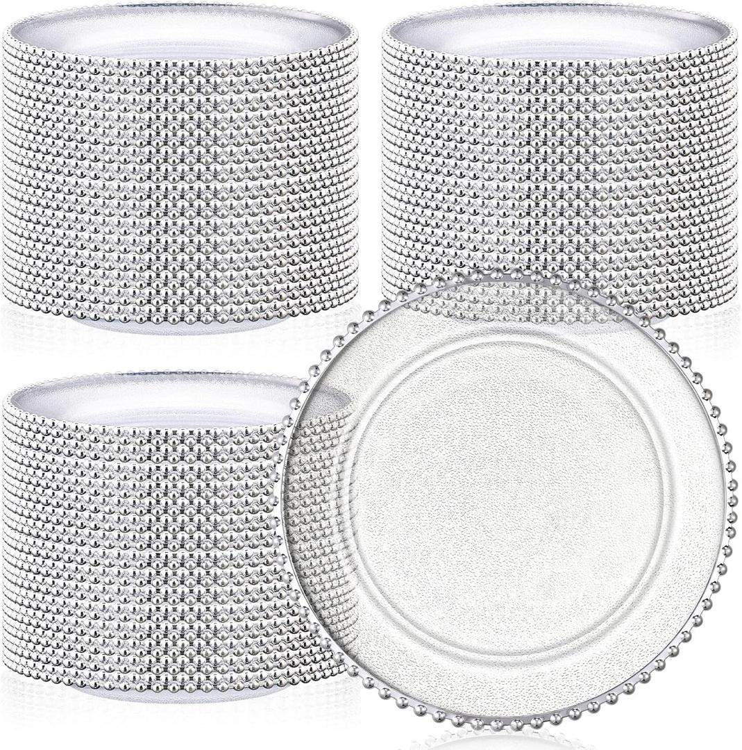 Hoolerry 100 Pack Clear Charger Plates Bulk 13 Inch Acrylic Round Dinner Charger Plates Beaded Frosted Grain Dinner Decorative Dishes for Wedding Party Events Home Kitchen Tabletop(Sliver,Beads) (Silver)
