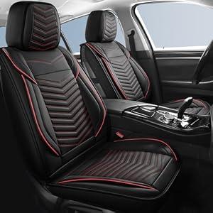 HChengkikz Front Car Seat Cover, Waterproof Faux Leather (Black + Redline)