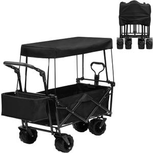 ALIMORDEN Foldable Canopy Wagon Garden Cart, Heavy Duty Outdoor Utility Collapsible Tool Cart with Removable Canopy and Big Wheels, Black