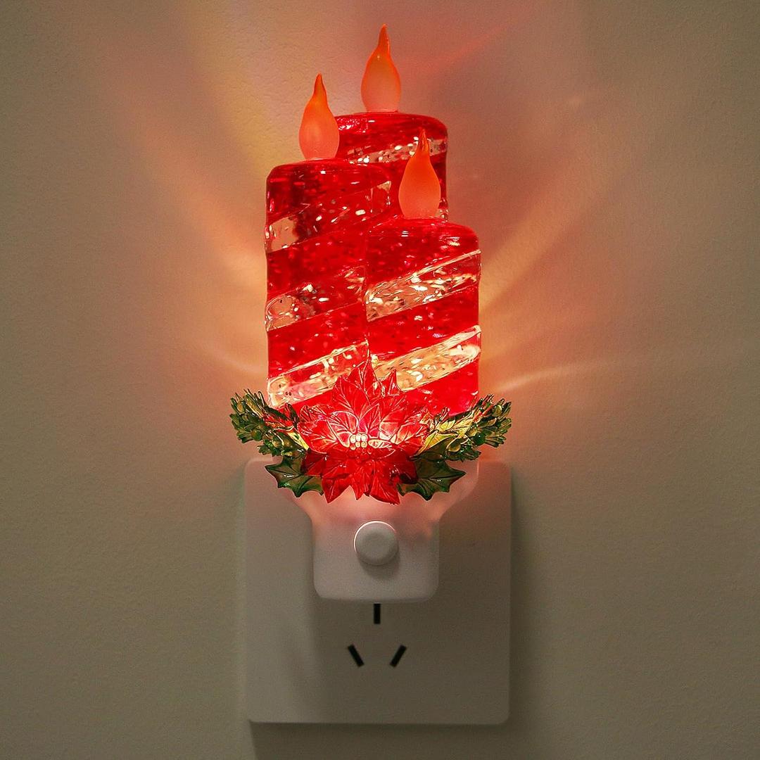 Christmas Candle Night Light Plug into Wall Glitter Water Nightlight with USB/Outlet Options, Christmas Decorative Nightlight for Bedroom Kitchen Nursery Hallway Holiday Decorations Gifts (Red Candle) (1 Pack)