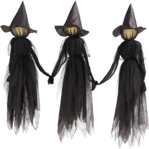 3Pcs Witches Halloween Home Decorations, Scary Light Up Holding Hands Screaming Witches with Stakes, Standing Witches for Outdoor Garden Yard Lawn Haunted House Decoration (Black)