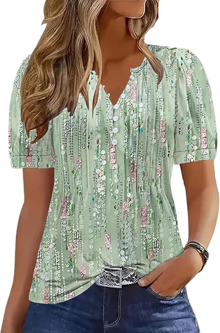 ETCYY Womens Shirts Dressy Casual Short Sleeve 2025 Summer Tops Spring V Neck Button Down Pleated Ladies Tunic Blouses (Large, Dewdrop Green)