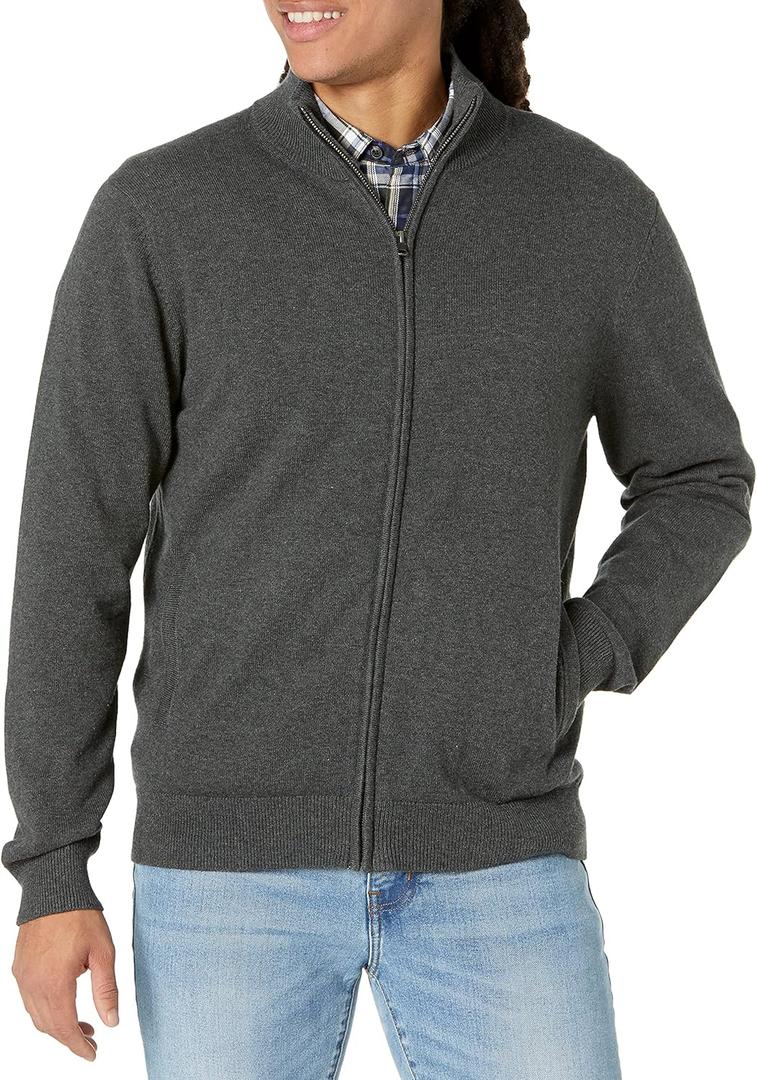 Amazon Essentials Men's Full-Zip Cotton Sweater (Large, Charcoal Heather)