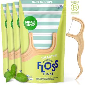 SmartLifeco Eco-Friendly Dental Floss Picks (200ct) - Flossers Made with Straw Wheat Blend, Superior Anti-Shred Thread for Tight Gaps, Tooth Pick Stick for Adults, Soft on Gum & Teeth, Vegan, Mint