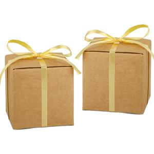 Hooqict 100 Pack Brown Kraft Gift Boxes for Party Favors 2x2x2 inches Mini Cardboard Boxes with Lids and Ribbons Candy Treat Boxes for Gift Wrapping Wedding Favor Bridal Shower Birthday Christmas