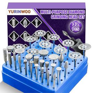 Diamond Grinding Bit Set for Dremel, Rotary Tool Grinding Cutting Wheel 1/8 Shank for Stone Glass Tile Jewelry Engraving Rock Etching Masonry Carving Metal Wood - 32Pc