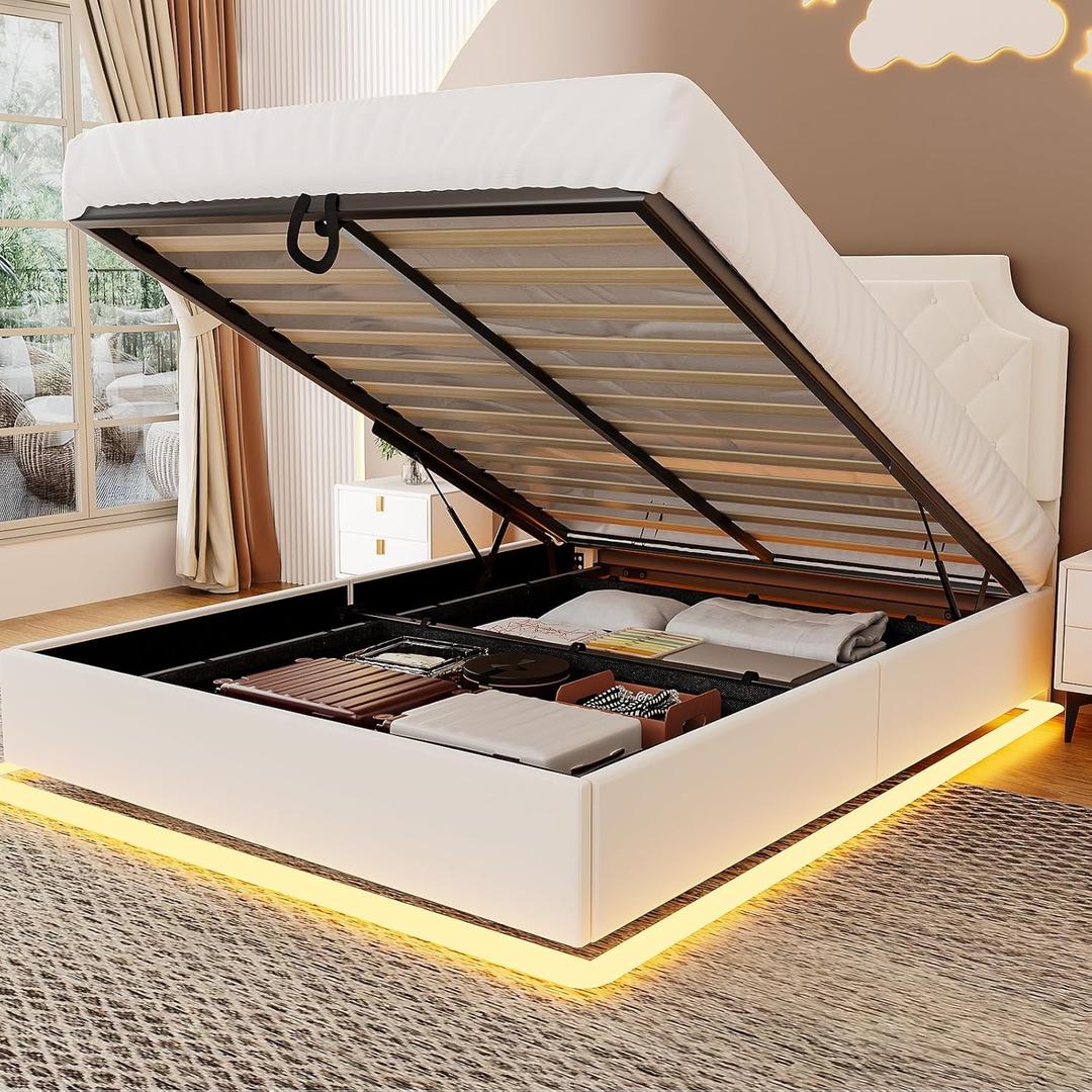 Queen Size Lift Up Storage Bed Frame, Modern Wingback with Adjustable HeadboardEquiped with LED Light, Fast Charging Station and Outlet, Solid Wood Slats, No Box Spring Needed, Noise-Free, White