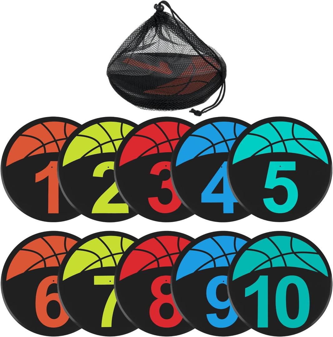 10 Packs Basketball Training Spot Markers, 9" Colorful Anti-Slip Rubber Sports Training Markers, Round Flat Floor Marker with Number Dots for Teaching