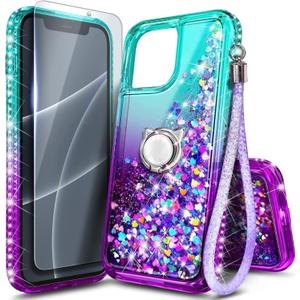 NGB Designed for iPhone 13 Pro Case, Aqua/Purple | Glitter Liquid Sparkle Cute Cover for Women Girls Kids | with Tempered Glass Screen Protector & Ring Holder & Wrist Strap