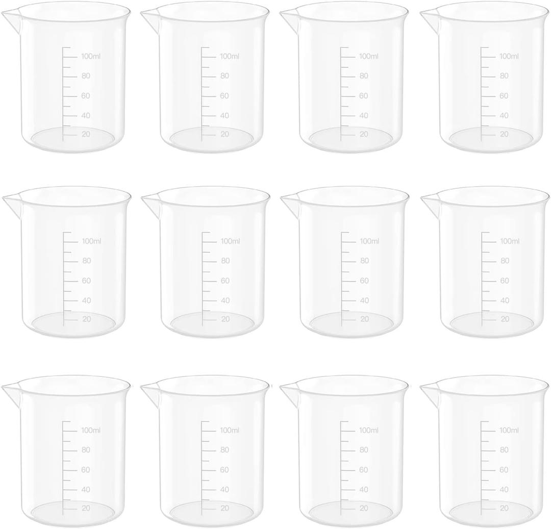 12 Pcs 3.4 Oz Transparent Lab Measuring Cup, 100ml Plastic Beaker Cups, for Science Experiment, Liquid Measuring