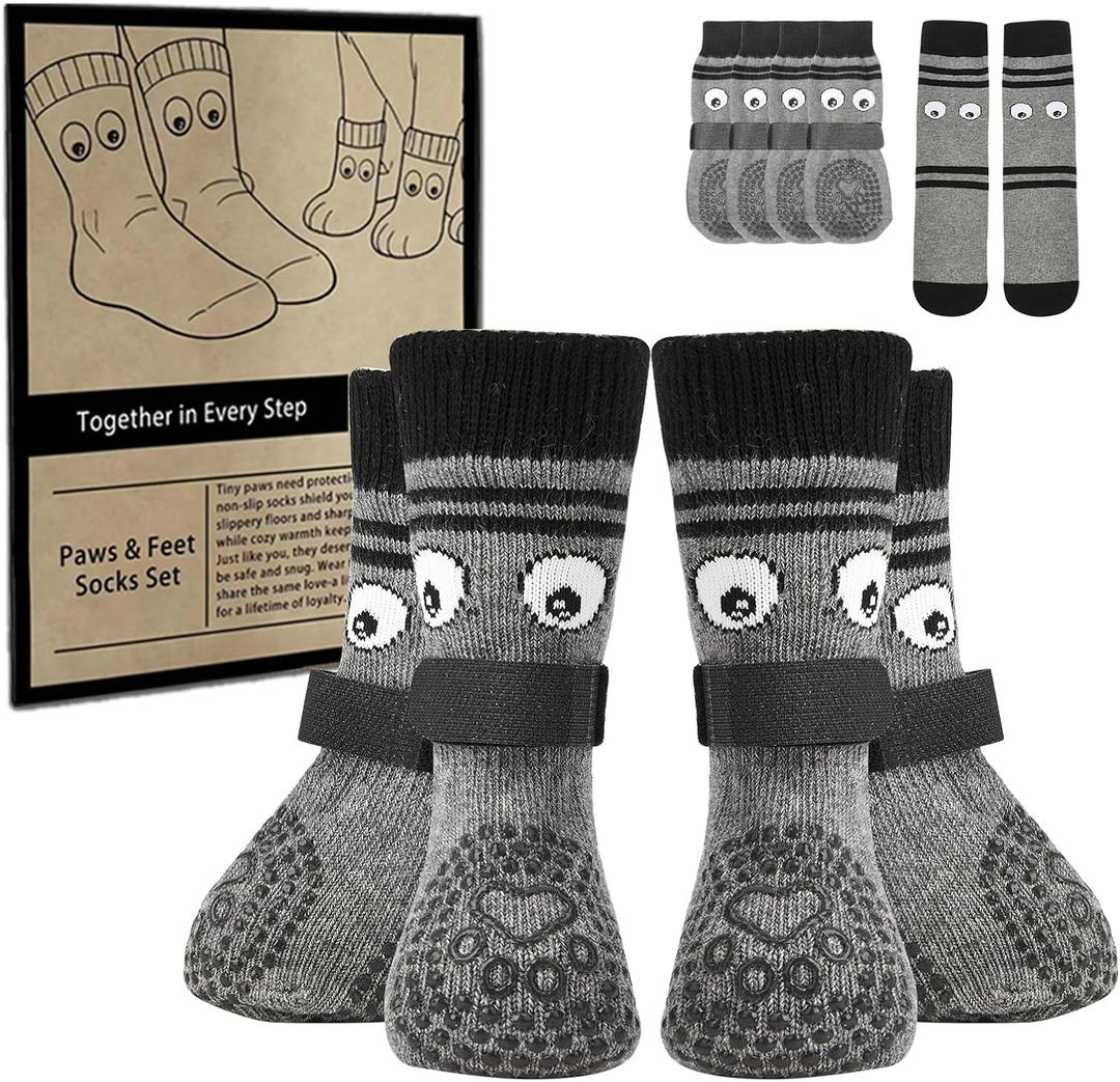 Non-Slip Dog Socks & Owner Sock Set- Extra-Grip, Paw Protection for Senior & Active Dogs(Grey,M)