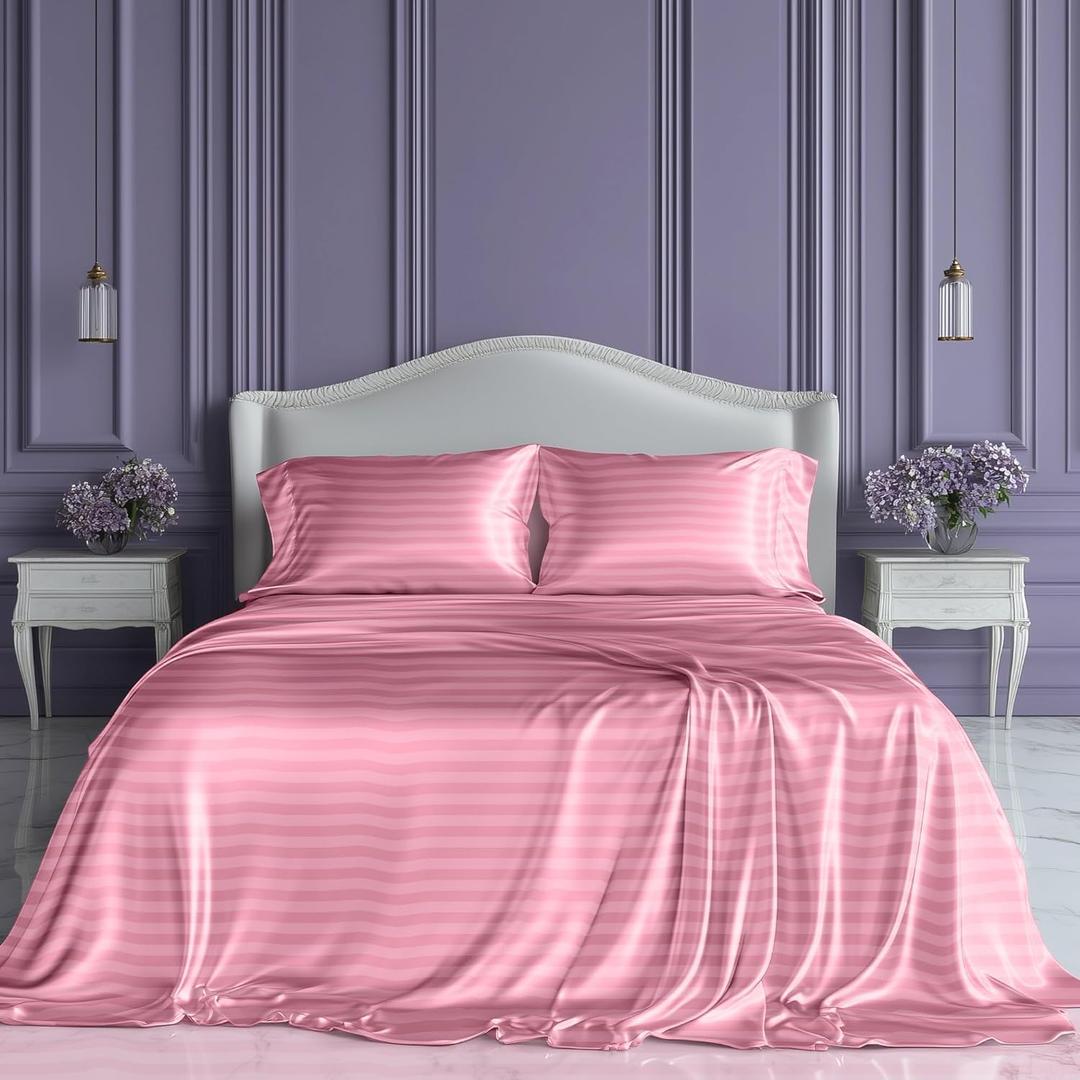 SLEEP SANCTUARY Satin Sheets King Size  4 Piece Luxury Silky Bed Set, Softer Than Silk, 15" Deep Pocket, Cooling & Wrinkle-Free, Moisture-Wicking & Breathable for Hair & Skin (Striped Pink)