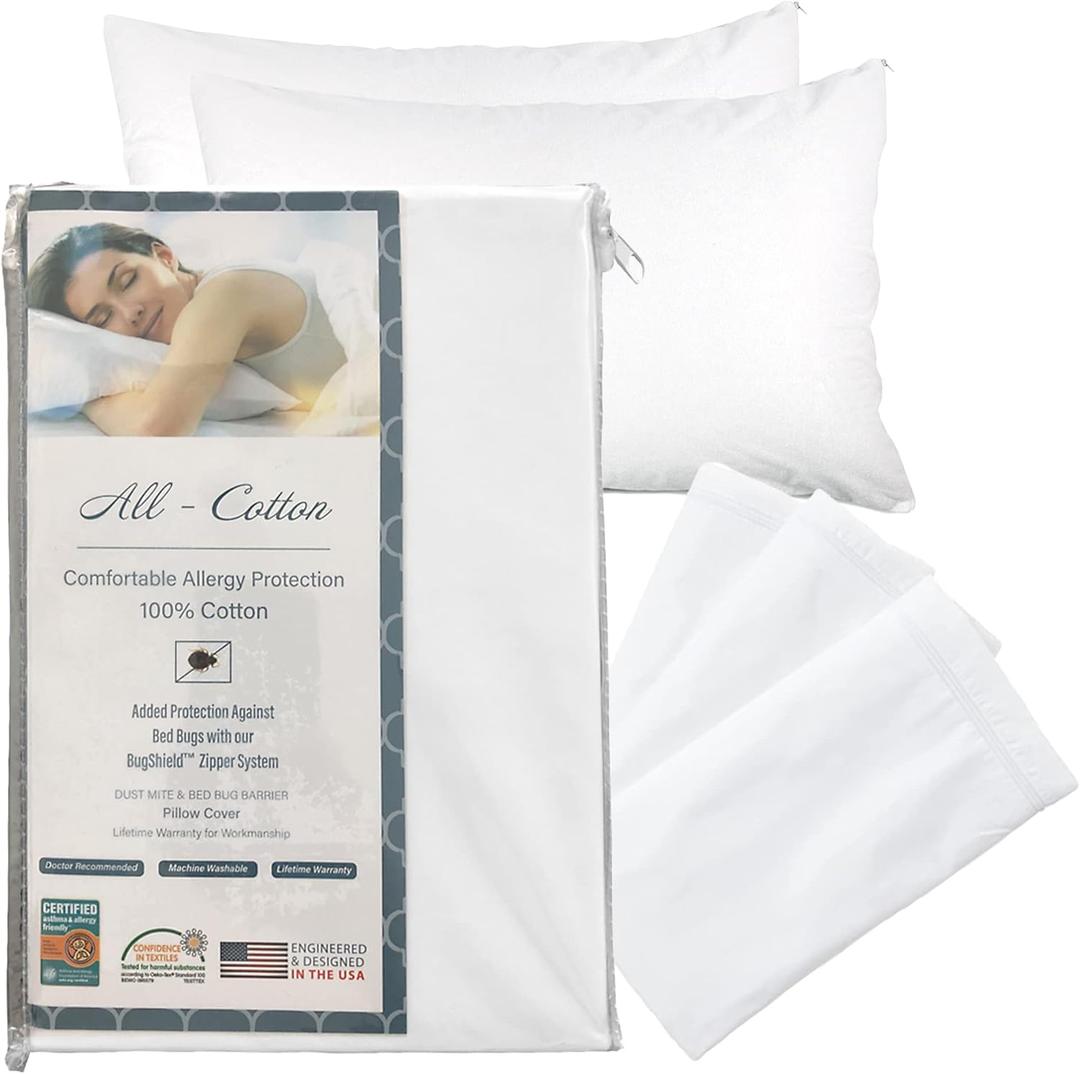 National Allergy Premium 100% Cotton Zippered Pillow Protector - King Size - White - 2 Pack - 300 Thread Count - Hypoallergenic Bed Pillowcase with Zipper - Breathable Encasement Cover