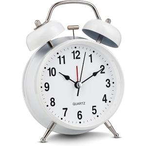Bernhard Products Analog Alarm Clock Extra Loud Twin Bells Retro White 4 Inch Silent Non-Ticking Quartz Battery Operated with Backlight, Decorative Bedside Table Desk Vintage Clocks for Heavy Sleepers