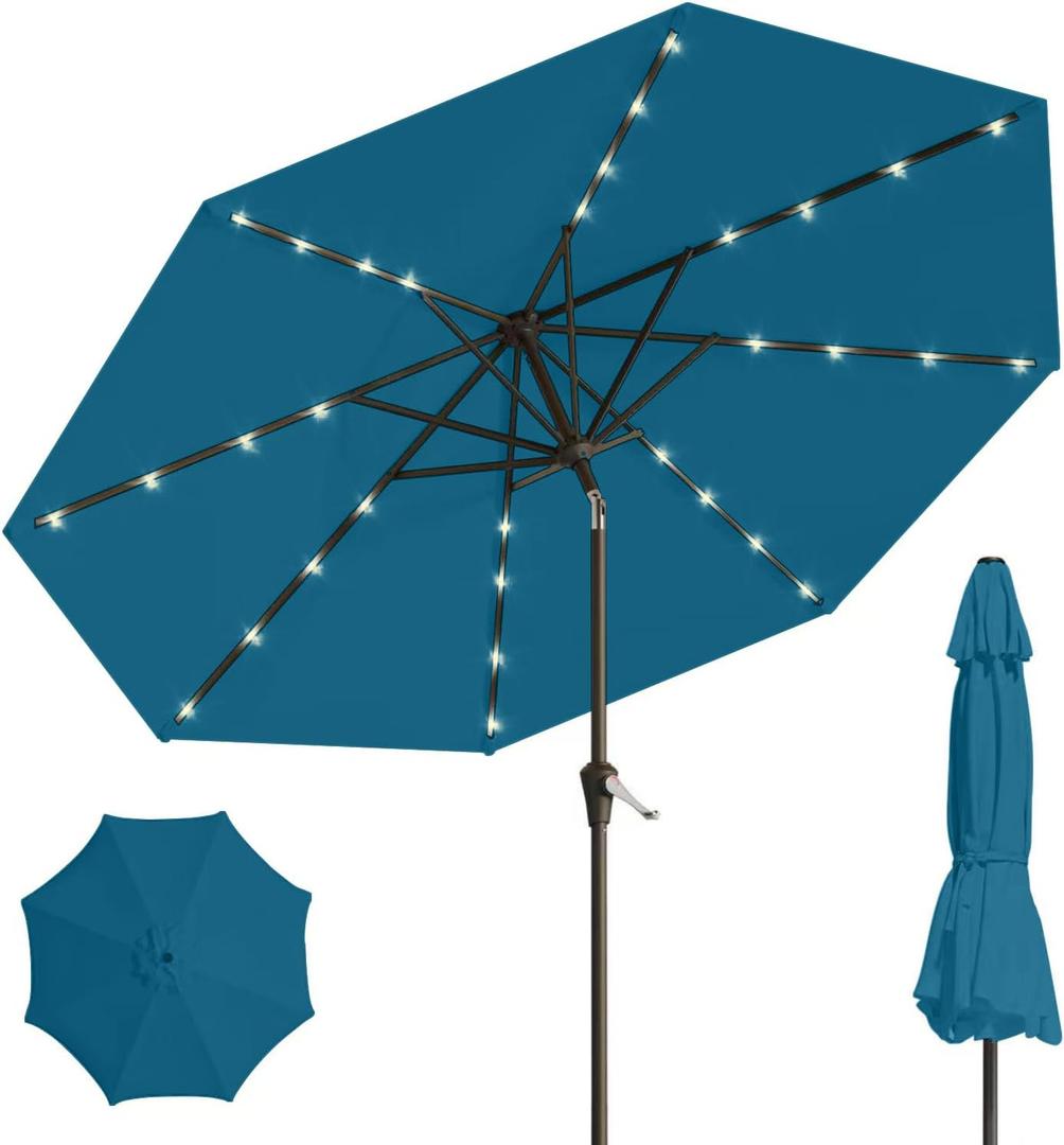 9' Solar LED Patio Umbrella with Tilt & Crank|8 Sturdy Ribs,UV Protection,Outdoor Market Table Umbrella for Deck,Lawn,Pool,Backyard(Lake Blue), 107.98 inches diameter and 92.4 inches height