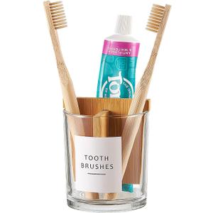 Glass Toothbrush and Toothpaste Holder with Bamboo Divider for Bathroom Countertop, Toothbrush Organizer Stand for Bathroom Vanity Countertops - 1 Pack