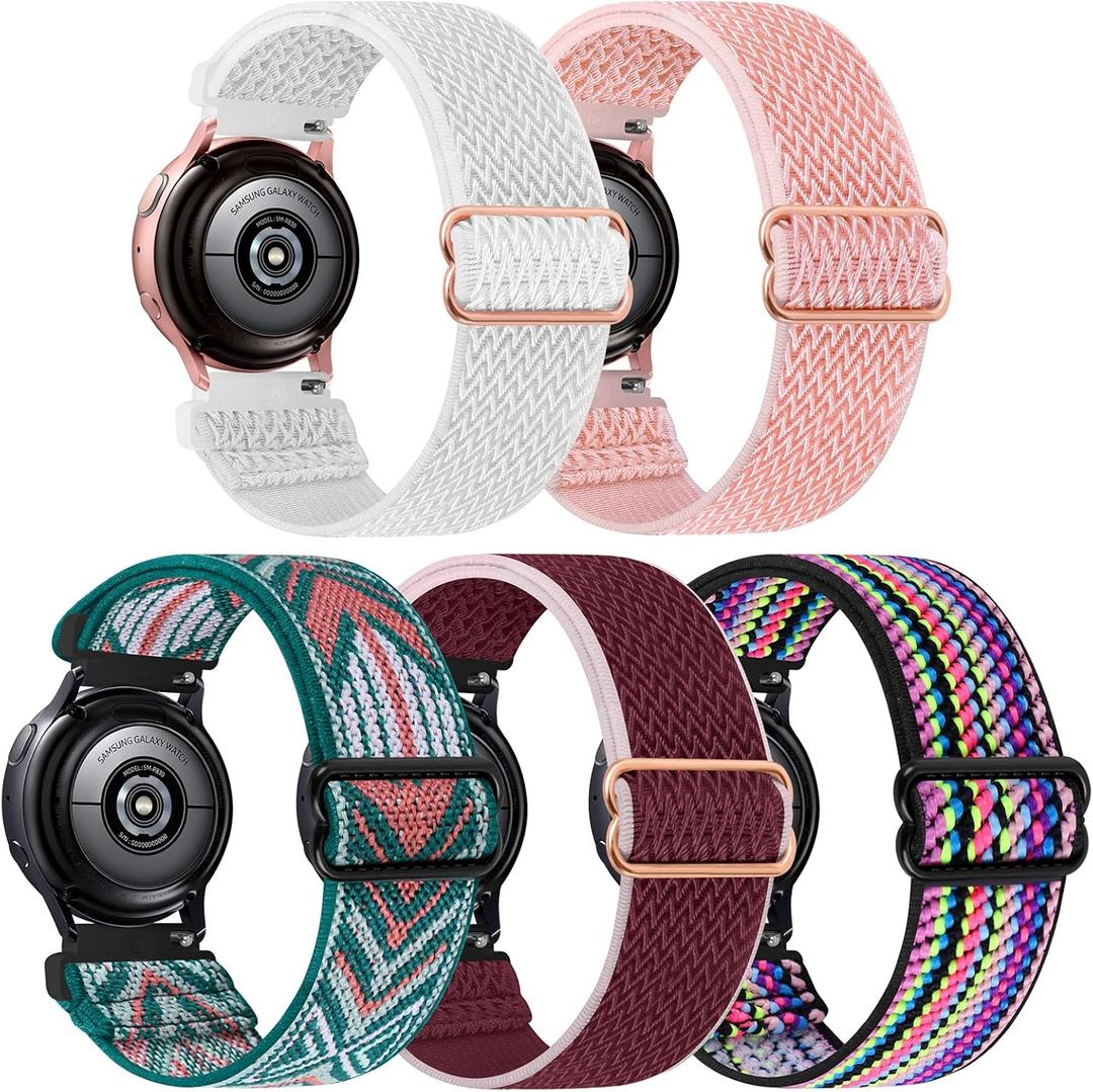 5 pack Stretchy Nylon Watch Bands Compatible with Samsung galaxy watch active 2 bands 40mm 44mm/Active 40mm/Galaxy Watch 3 41mm/Galaxy Watch 42mm/Gear S2/Galaxy Watch 4 5 6 7 20mm Wristband (White/Wine-Red/Pink/Green Arrow/Multicolor)