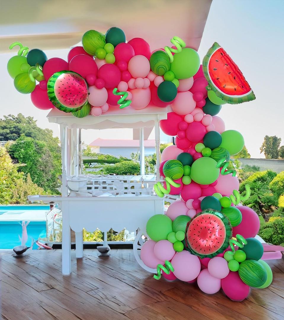 Summer fruit Watermelon Party Decorations Balloon Arch Garland Kit Red Green Pink with Watermelon mylar balloons for one in a melon theme Birthday Party Decorations, 2 inches x 10 inches x 5 inches