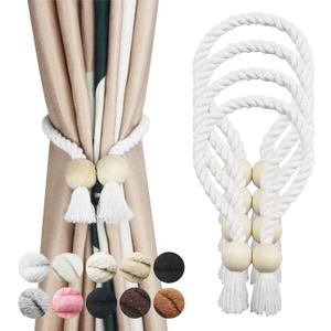 4 Pack White Magnetic Curtain Tiebacks Cotton Hand Woven Tieback Holdback Decorative Tie Backs for Drapes with Wooden Buckle No Tools Required