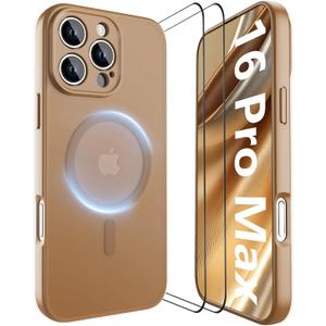 YFEMLAZ Magnetic for iPhone 16 Pro Max Case,with Screen Protectors X2,Full Camera Protection,Compatible with MagSafe,Translucent Matte,Anti-FingerprintShockproof Protective Phone Case,6.9",Brown